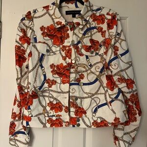 Boston Proper Red and Blue Jean Jacket with Artistic Print